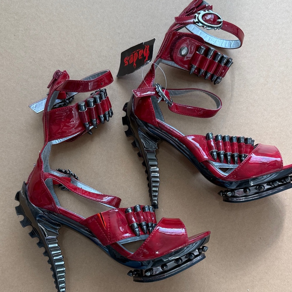 Red Patent Leather Strappy High Heel Sandals with Armor- Size 8
